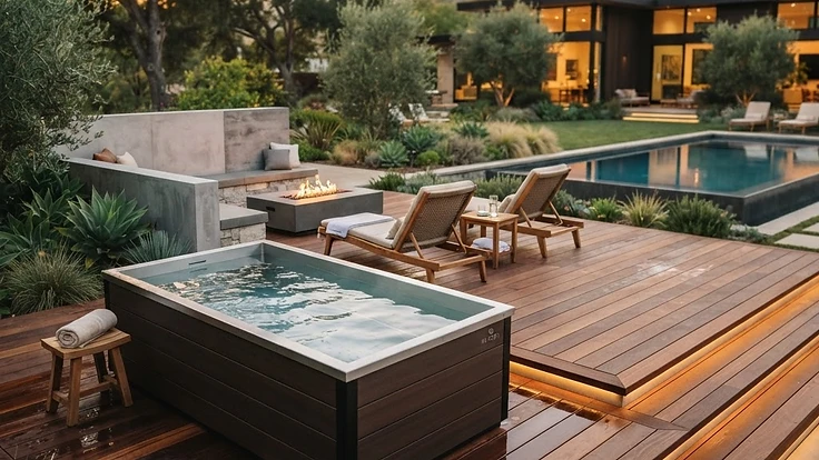 Modern premium cold plunge tub on a minimalist wooden deck
