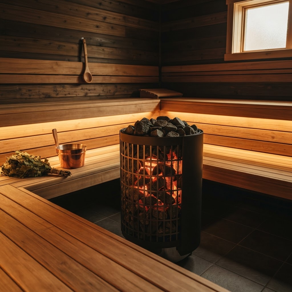 Premium electric sauna heater in a cedar sauna.