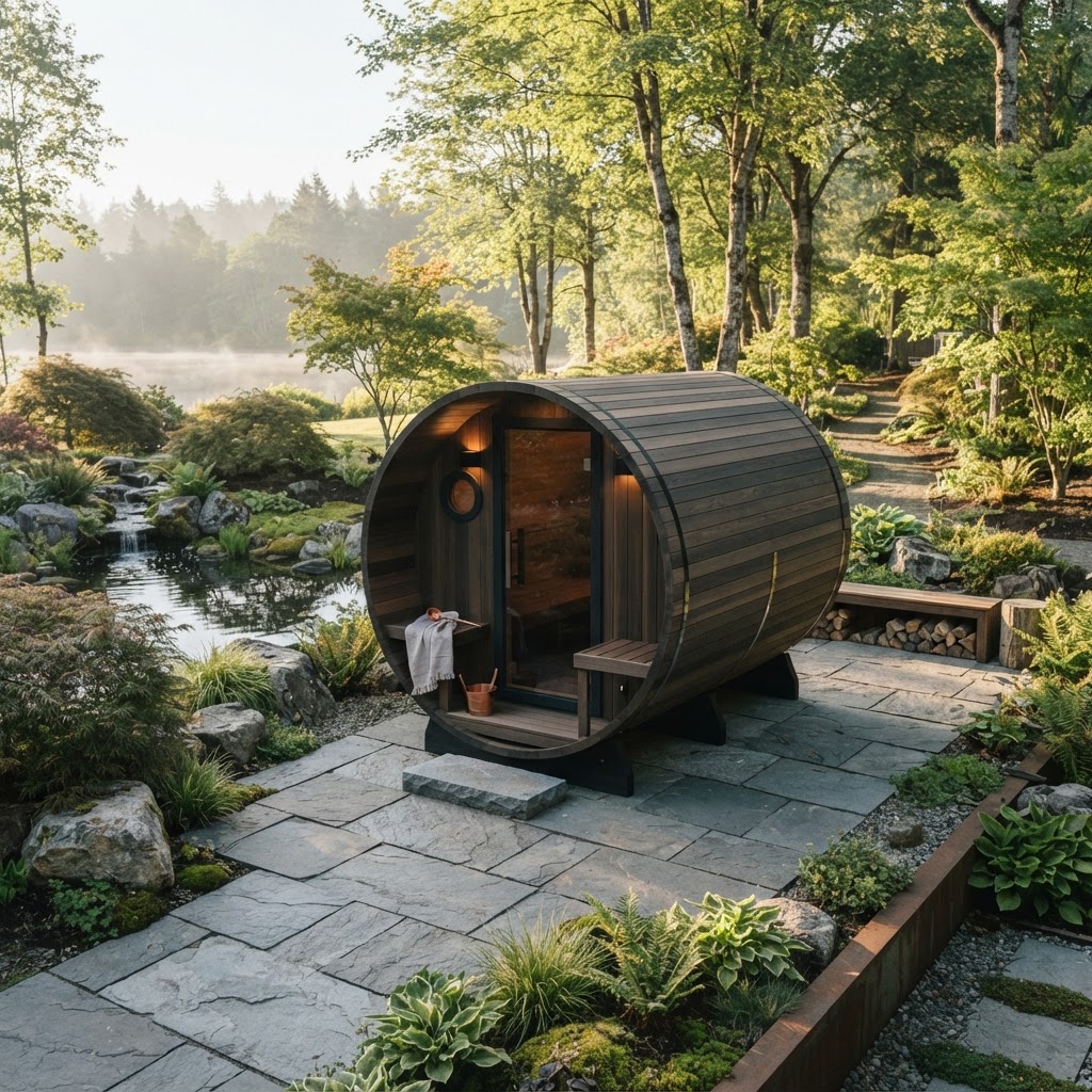 Small barrel sauna installation in a modern backyard setting.