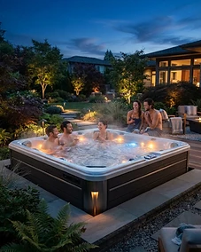 Modern backyard hot tub with premium lighting at twilight