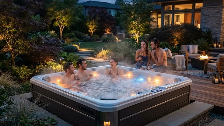 Modern backyard hot tub with premium lighting at twilight