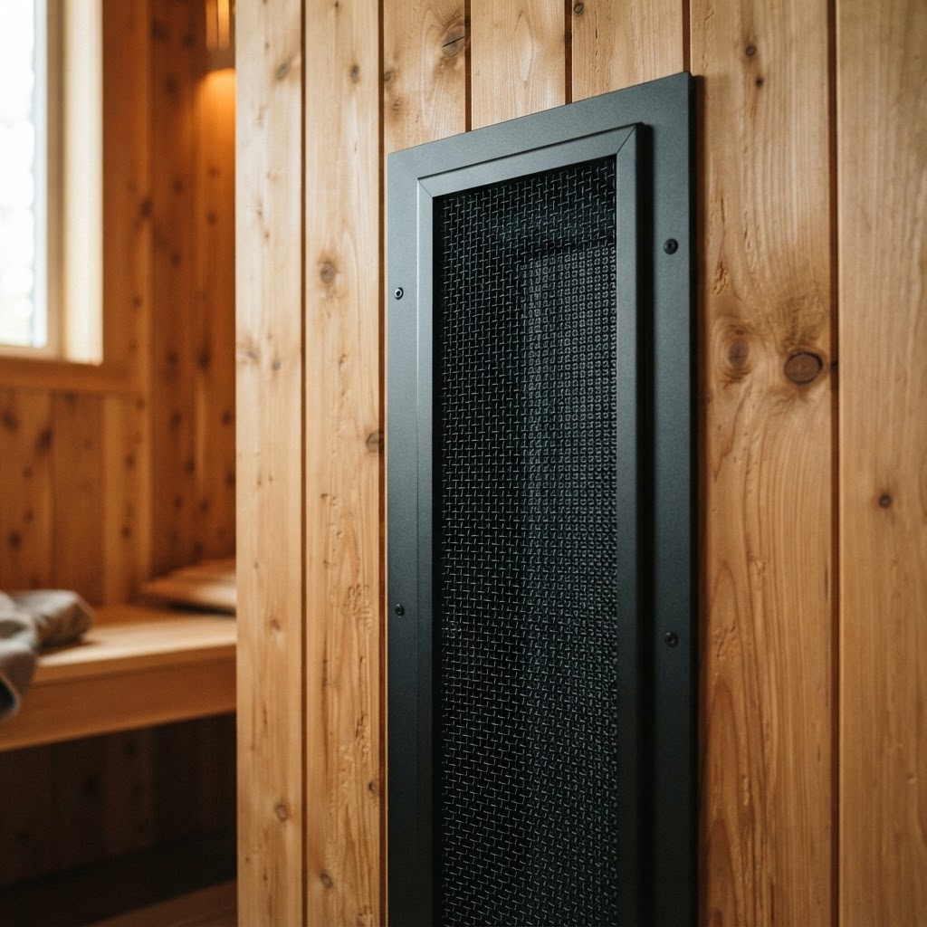 Close-up of high-quality infrared heater panels in a home sauna.