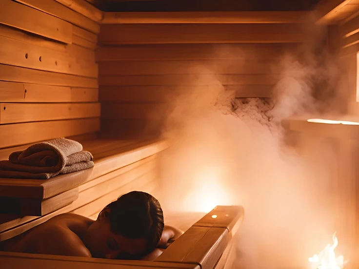 The daily sauna ritual for recovery and calm A woman resting on the bench inside a cedar sauna with warm steam rising from the heater
