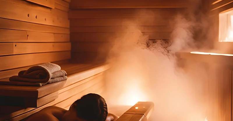 A woman resting on the bench inside a cedar sauna with warm steam rising from the heater