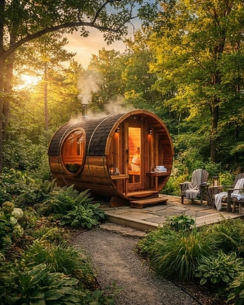 Premium cedar barrel sauna in a lush backyard at sunset.