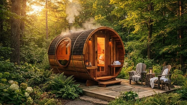 Premium cedar barrel sauna in a lush backyard at sunset.