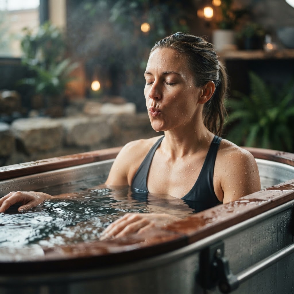 Individual using a cold plunge for muscle recovery