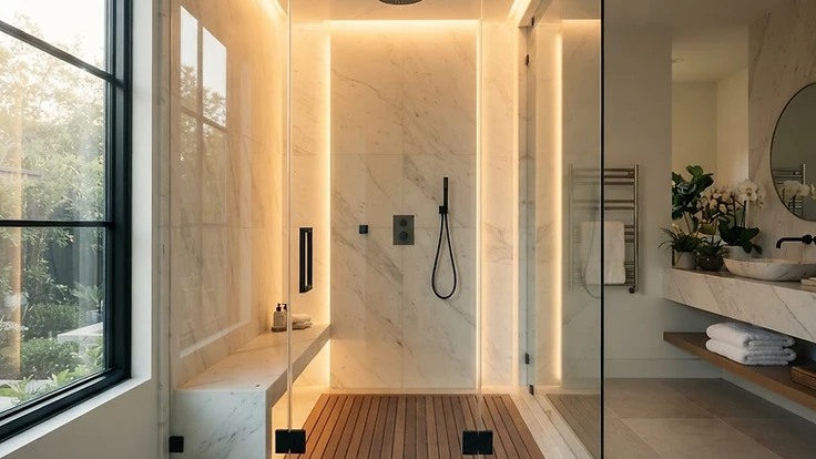 The Complete Steam Shower Guide: Benefits, Installation, and Buying — Buying Guides | Hearthside Supply LLC Blog A luxurious, modern steam shower in a high-end bathroom setting.
