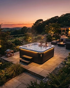 A luxury hot tub on a serene outdoor patio at dusk.
