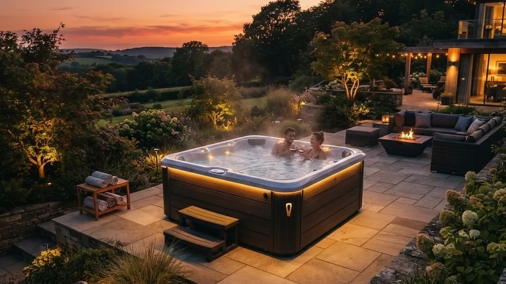 How Much Does a Hot Tub Cost to Run Per Month? A Budgeting Guide — Hot Tubs | Hearthside Supply LLC Blog A luxury hot tub on a serene outdoor patio at dusk.
