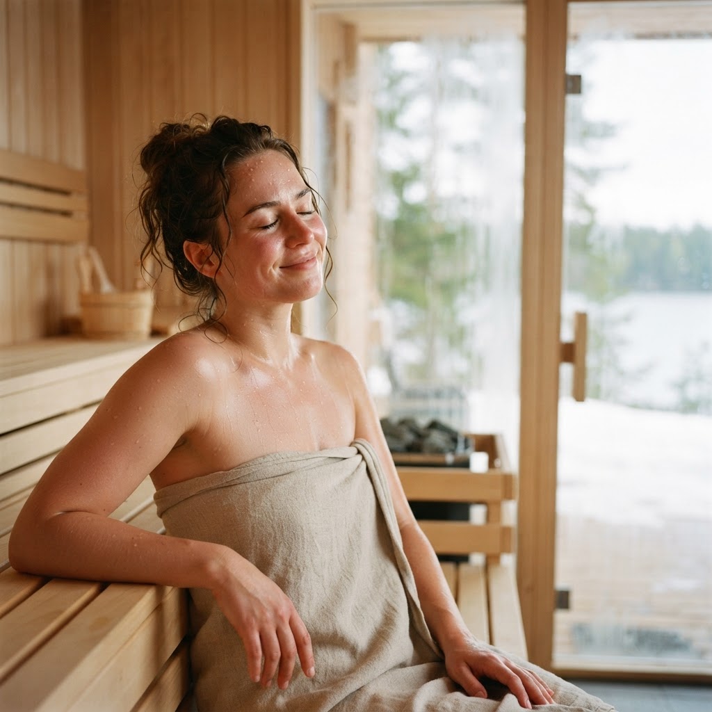Person relaxing inside an infrared sauna experiencing heat therapy.