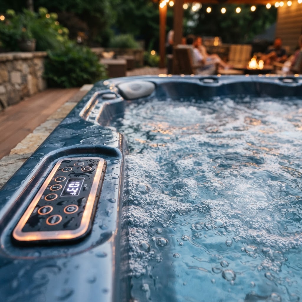 A close-up of a modern hot tub control interface.