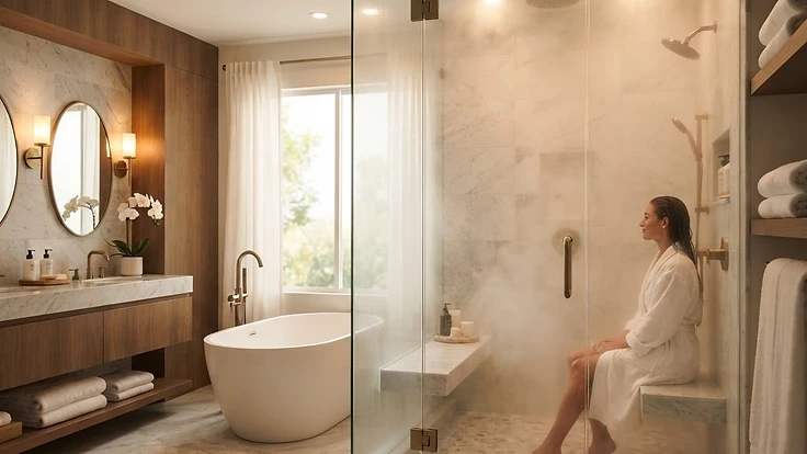 How Much Does a Steam Shower Cost to Install? Pricing Guide — Buying Guides | Hearthside Supply LLC Blog Modern steam shower interior with stone tile and glass door