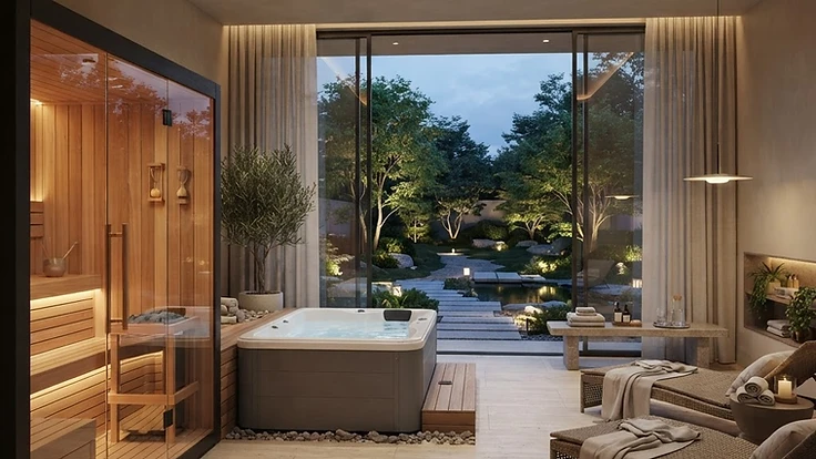 Modern home wellness room featuring a luxury sauna and cold plunge.