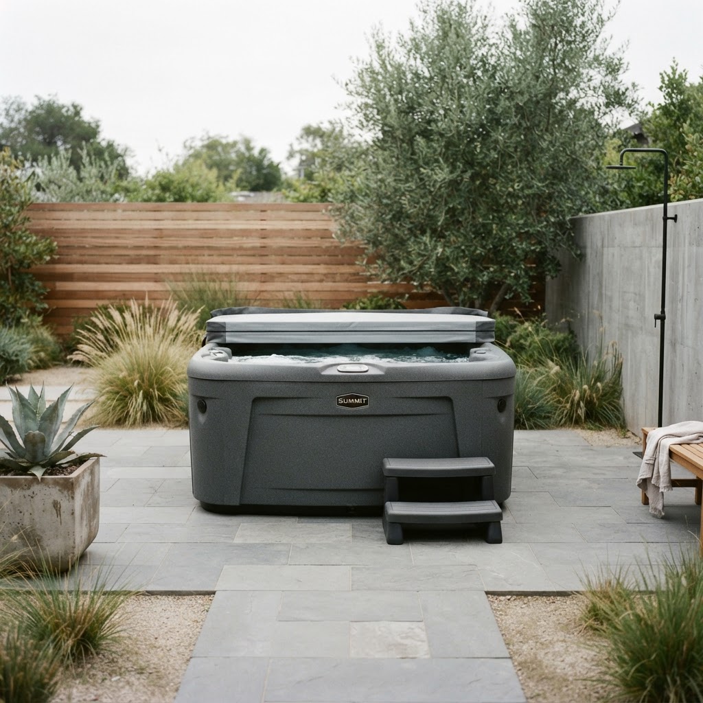 A rotomolded hot tub situated on a patio.