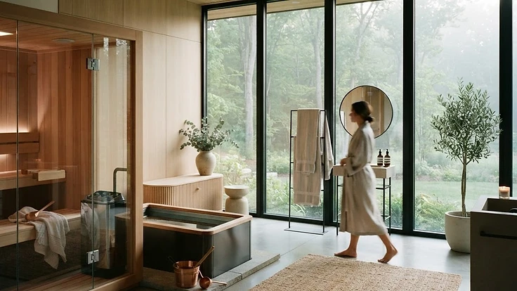 Modern home spa interior with sauna and cold plunge for wellness
