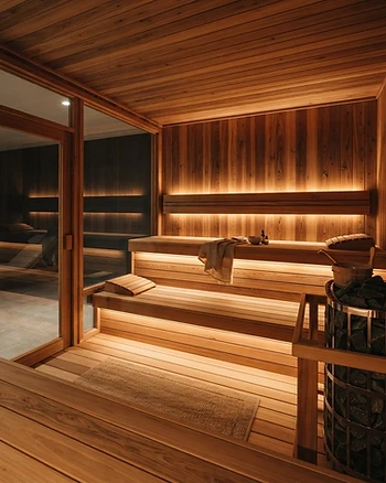 Modern home sauna interior design with wood aesthetics