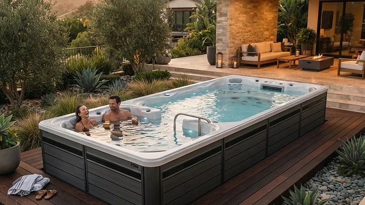 Dual-Zone Swim Spas: The Ultimate Swim, Soak, and Hydrotherapy Guide — Swim Spas | Hearthside Supply LLC Blog Luxury dual-zone swim spa in a modern backyard