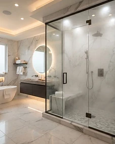Modern luxury bathroom with a sleek glass steam shower enclosure.