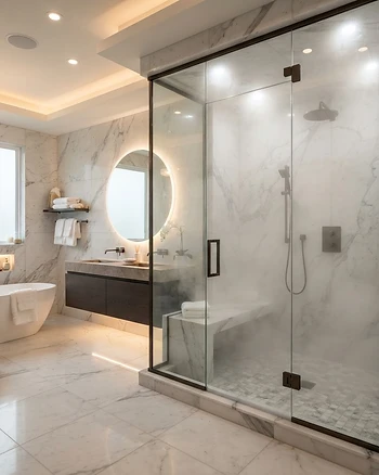 Modern luxury bathroom with a sleek glass steam shower enclosure.