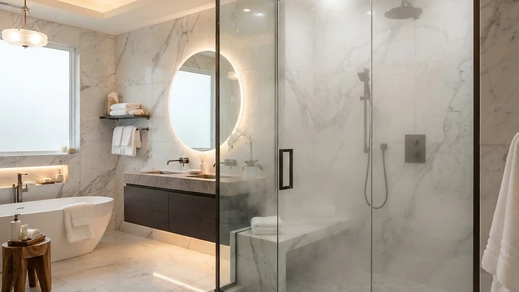What Is a Steam Shower: Definition, Benefits, and Installation — Steam Showers | Hearthside Supply LLC Blog Modern luxury bathroom with a sleek glass steam shower enclosure.