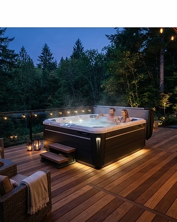A premium hot tub situated on a wooden deck during twilight.
