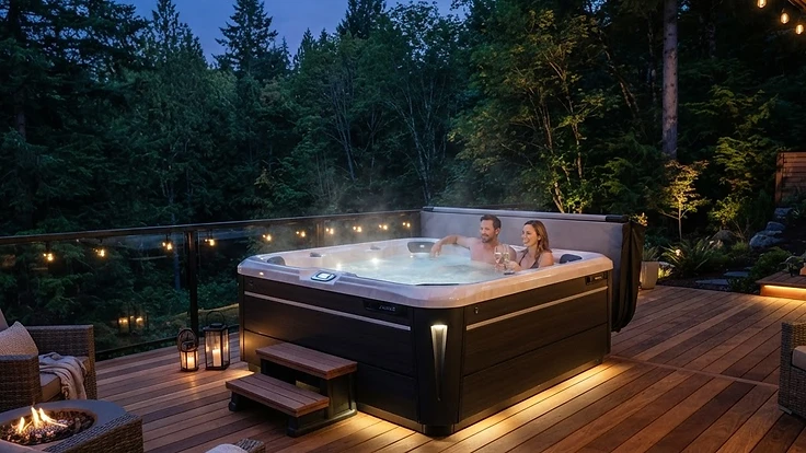 A premium hot tub situated on a wooden deck during twilight.