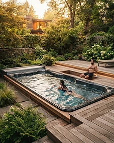 Premium swim spa installed on a beautiful outdoor deck at golden hour.