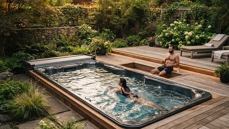The Complete Swim Spa Buying Guide: Currents, Costs, and Considerations — Buying Guides | Hearthside Supply LLC Blog Premium swim spa installed on a beautiful outdoor deck at golden hour.