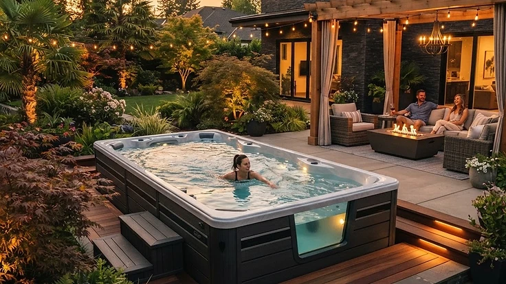 Premium swim spa in a modern backyard