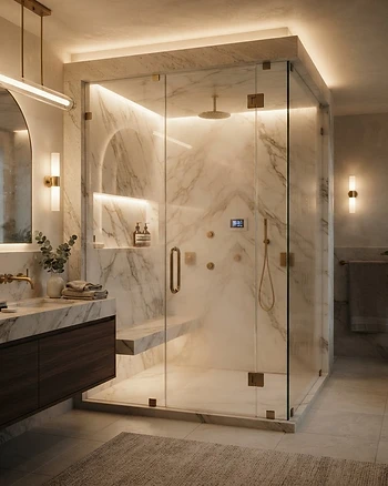 A modern luxury home spa featuring a steam shower and premium finishes.