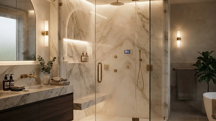 A modern luxury home spa featuring a steam shower and premium finishes.