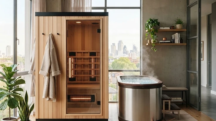 Compact sauna and small cold plunge setup in a modern apartment.