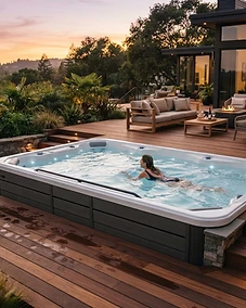 A modern, premium swim spa on a backyard deck at dusk.