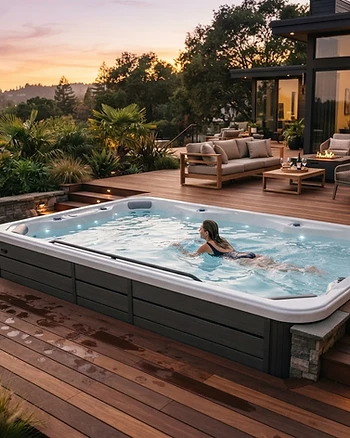 A modern, premium swim spa on a backyard deck at dusk.