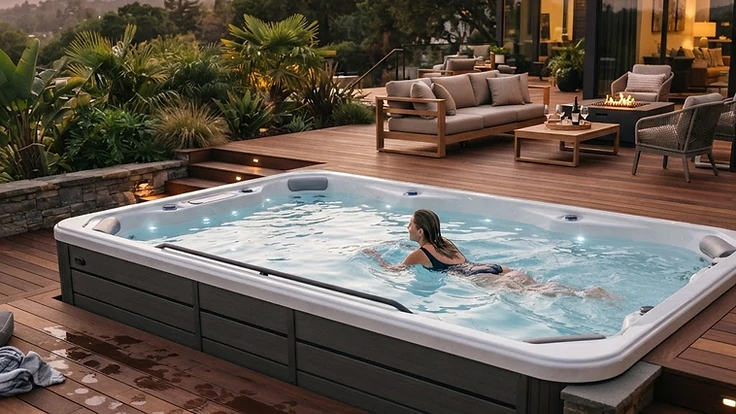 A modern, premium swim spa on a backyard deck at dusk.