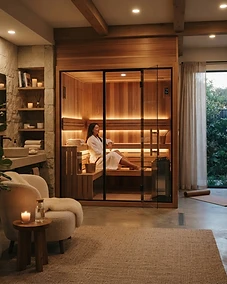A modern, premium infrared sauna in a home wellness sanctuary.