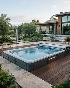 Premium outdoor swim spa installed on a landscaped backyard terrace