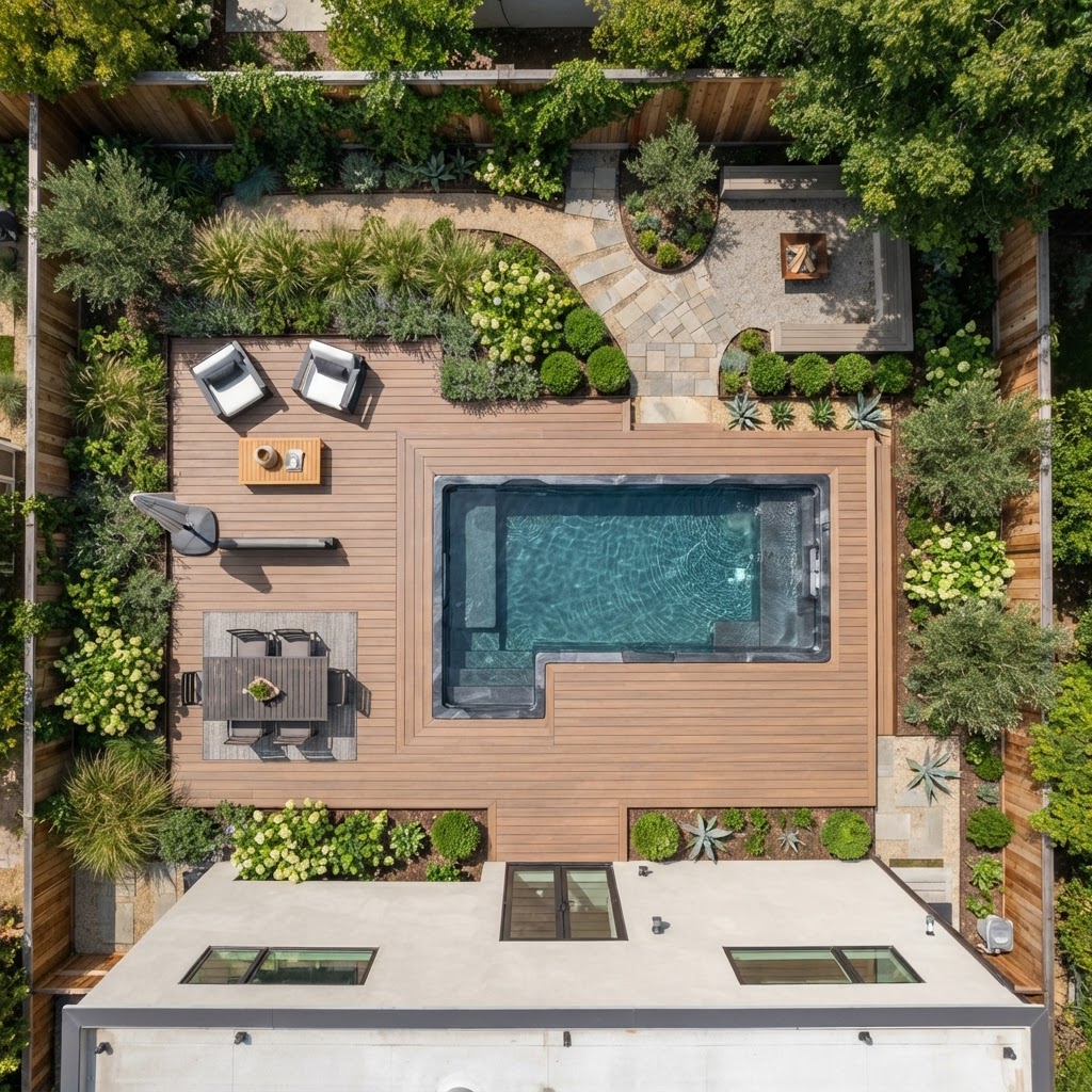 Top-down view of a swim spa integrated into a modern deck.