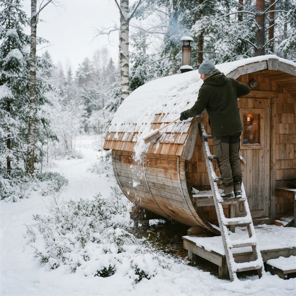 Cleaning snow off outdoor sauna roof