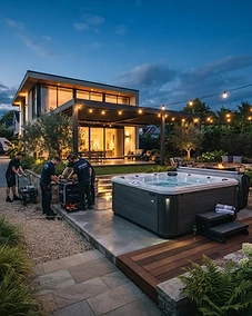 Professional white-glove delivery of a luxury home hot tub in a modern backyard.