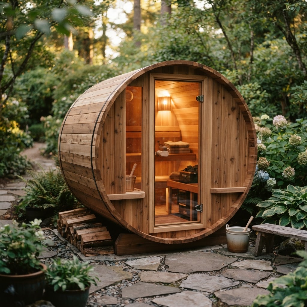 Outdoor barrel sauna in a garden setting