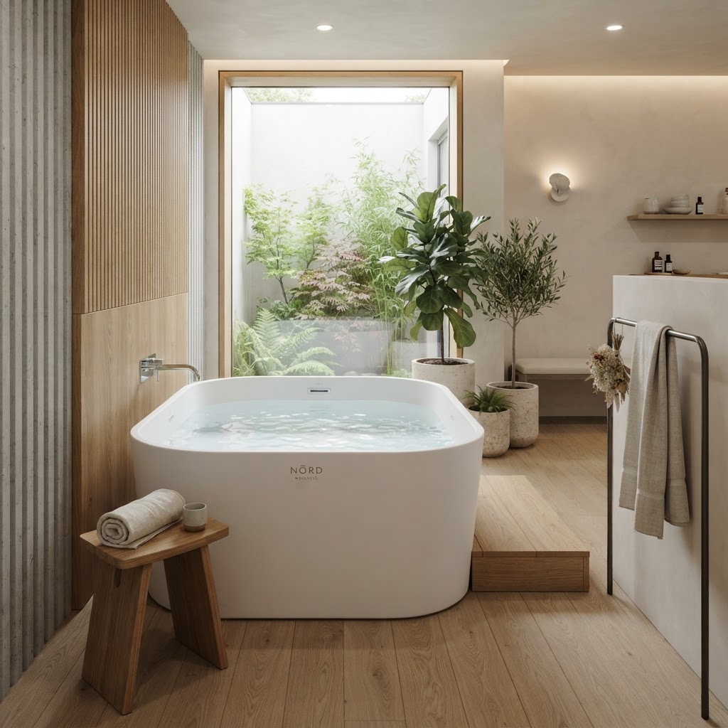 A luxury acrylic cold plunge installed in an indoor home wellness center.