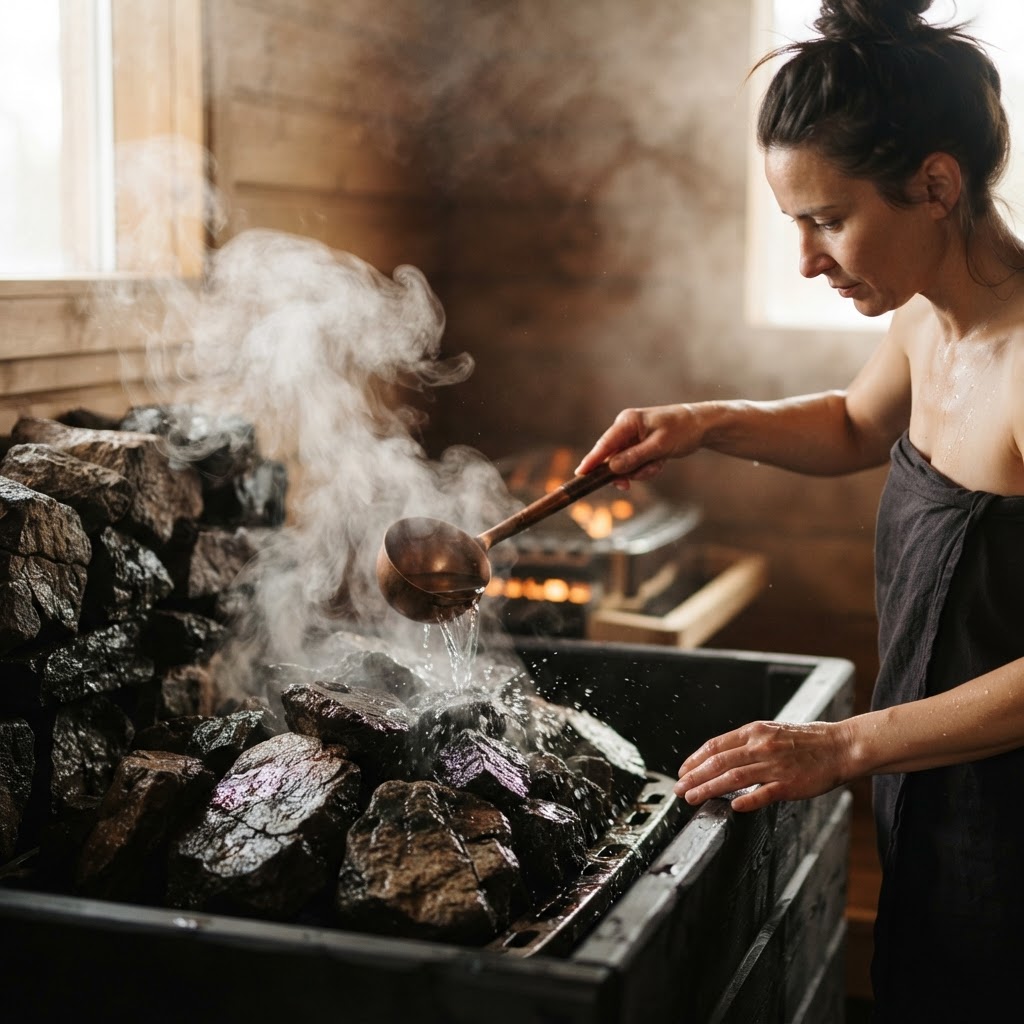 Pouring water over sauna rocks to create steam