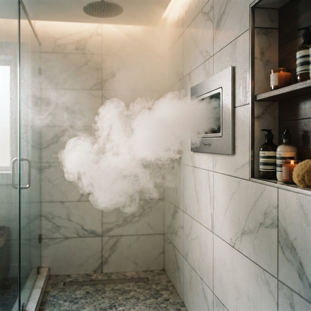 Professional steam shower head in a tiled enclosure