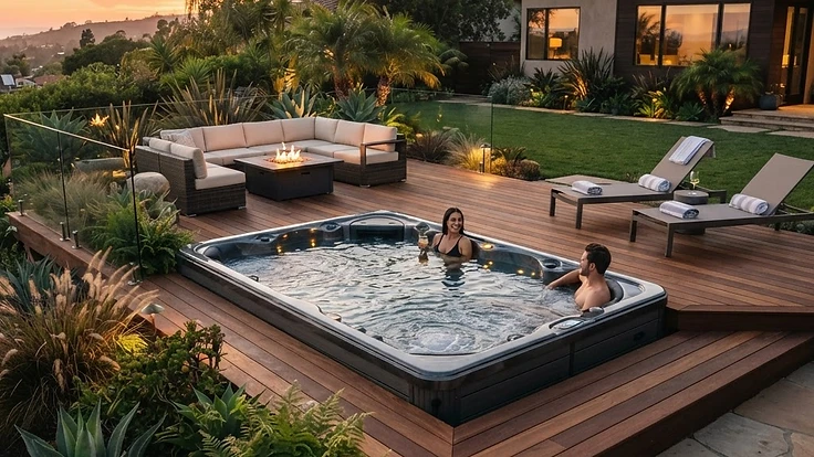 Swim Spa Buying Guide: Currents, Size, and Year-Round Use — Buying Guides | Hearthside Supply LLC Blog Premium swim spa installation in a modern backyard