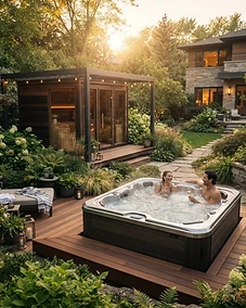 Premium home wellness backyard setup with hot tub and sauna