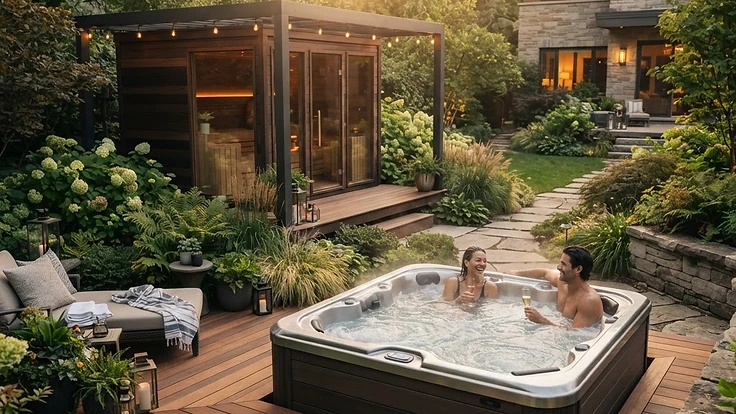 Premium home wellness backyard setup with hot tub and sauna