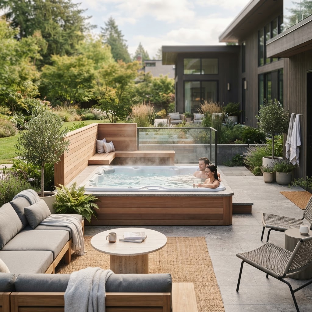 Spacious family hot tub in a clean outdoor setting