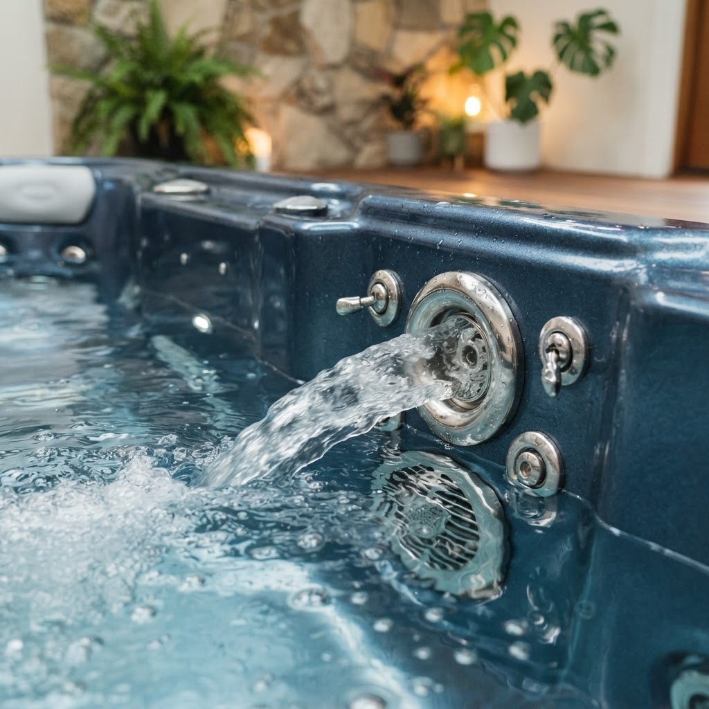 Close up of swim spa propulsion jets and clean water